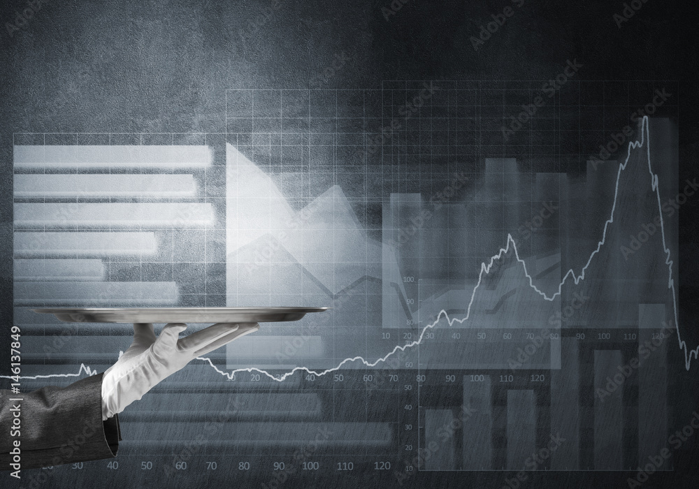 Waiter hand in white glove presenting empty tray and dynamics of diagram at background