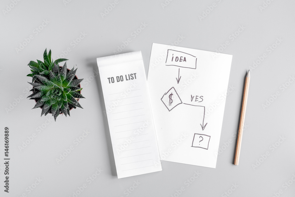 business plan development with list and pencil desk background top view mockup