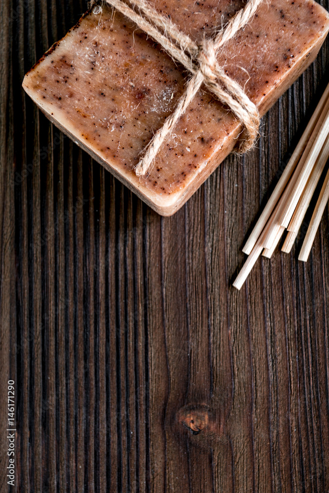 spa set with aroma and soap wooden background top view mock up