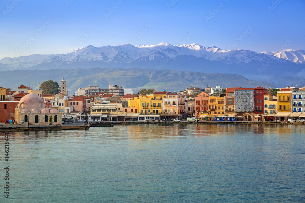 Old Venetian port of Chania at dawn, Crete. Greece