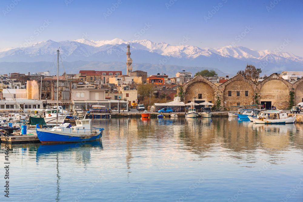 Old Venetian port of Chania at dawn, Crete. Greece