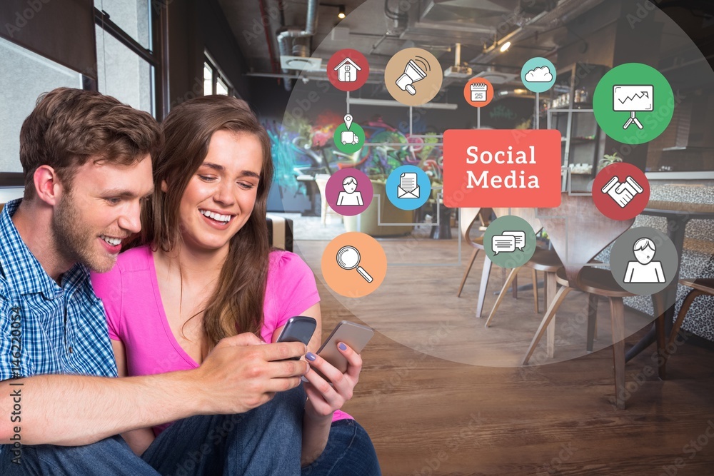 Happy man and woman using mobile phone by social media graphics