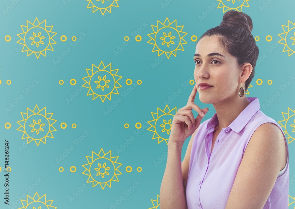 Woman thinking against yellow sun pattern and blue background