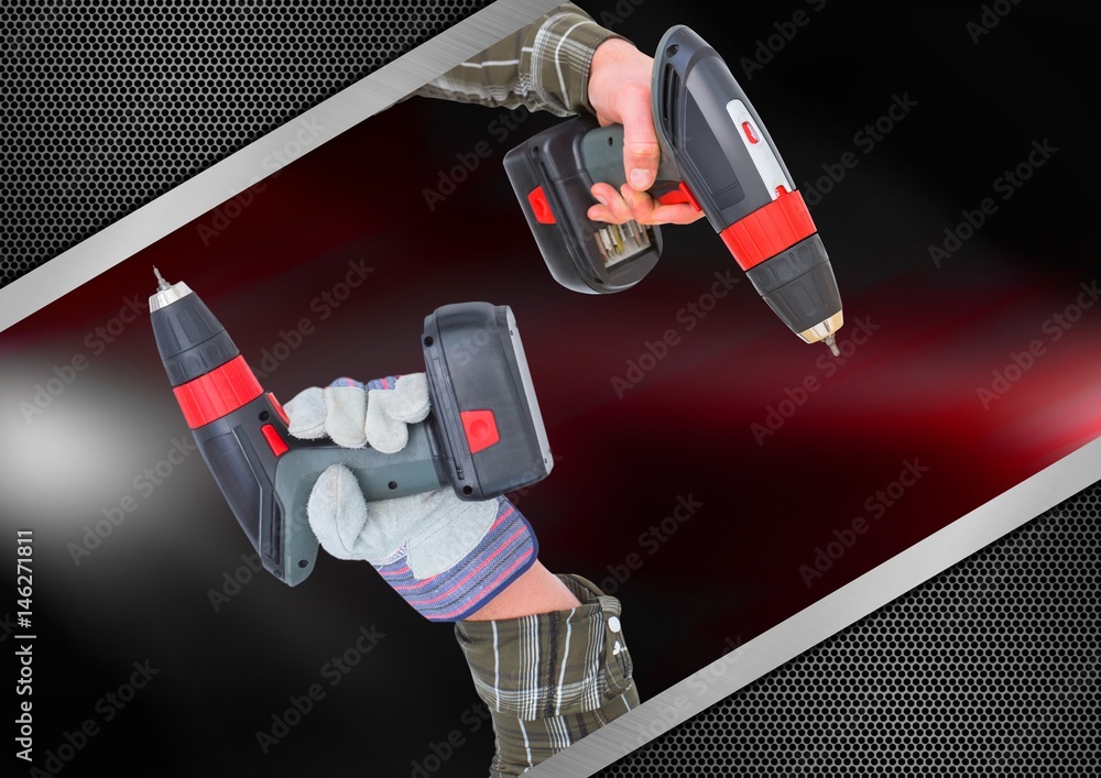 hands with drills with red and metal background