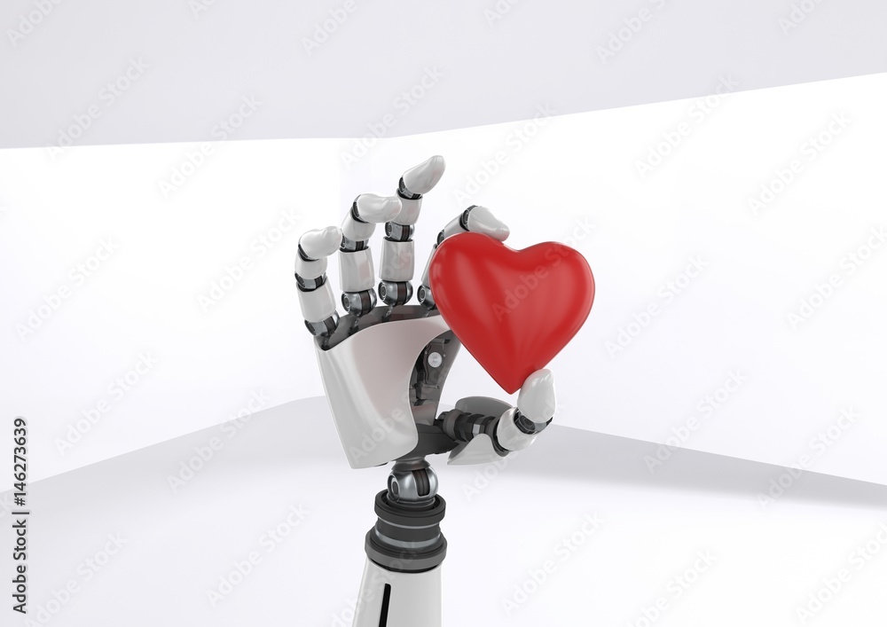 Android Robot hand holding heart with bright background