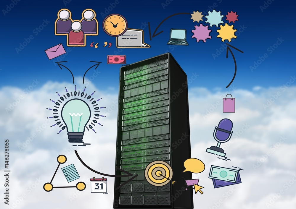 Composite image of data server and drawings