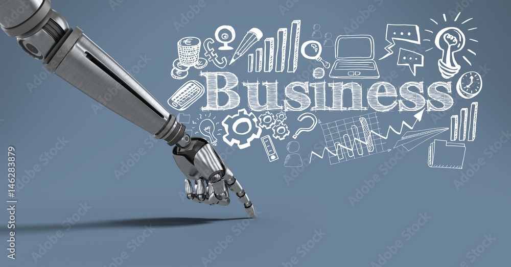 Android hand pointing with business drawings graphics and text