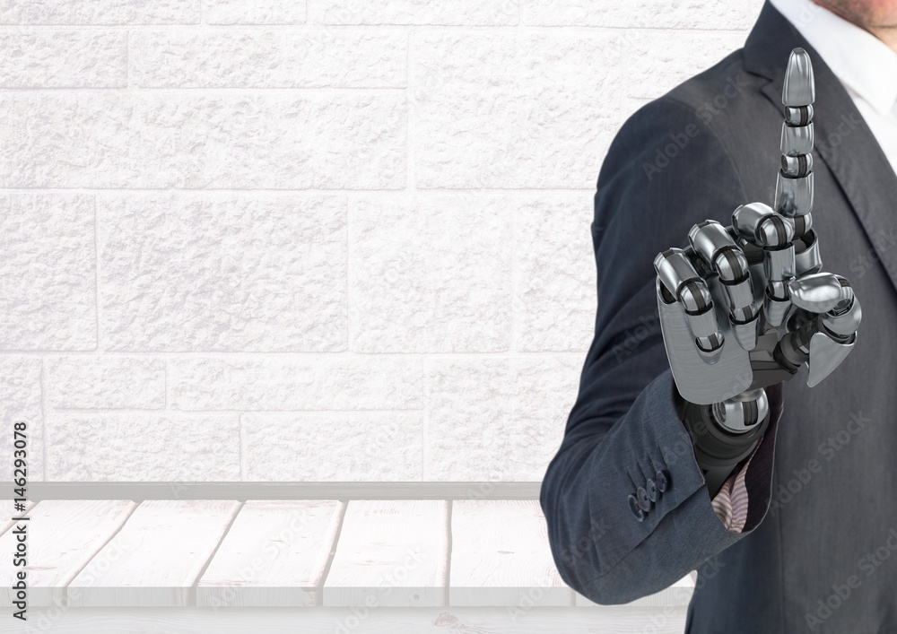 Android Robot Businessman hand pointing with bright background