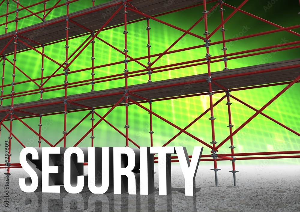 Security Text with 3D Scaffolding and illuminated grid