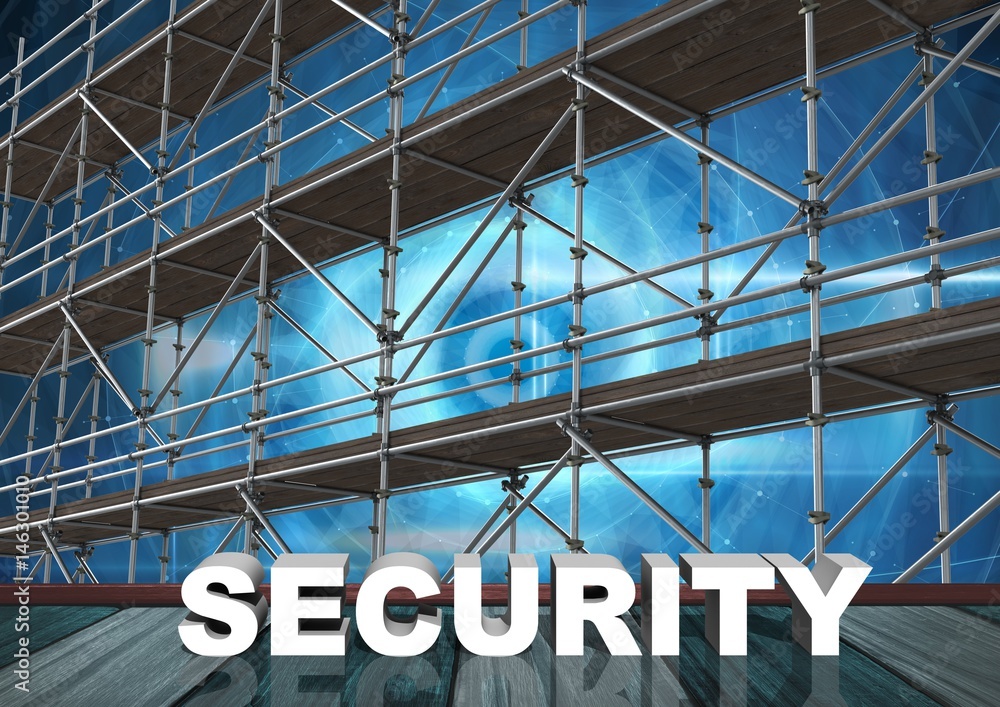 Security Text with 3D Scaffolding and technology interface