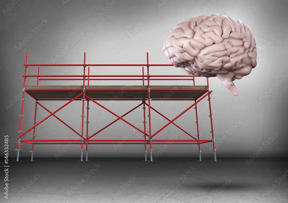 Brain in front of scaffolding in grey room