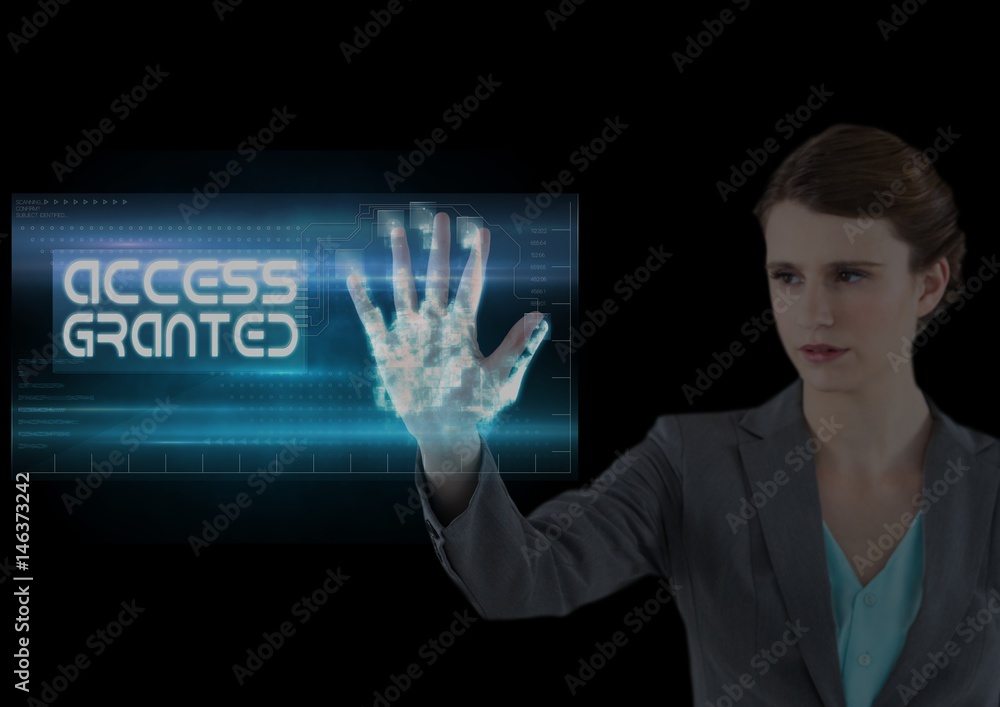 business woman, access guarantees hand scan