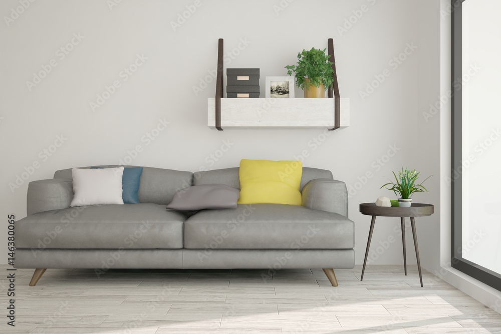 White modern room with sofa. Scandinavian interior design. 3D illustration