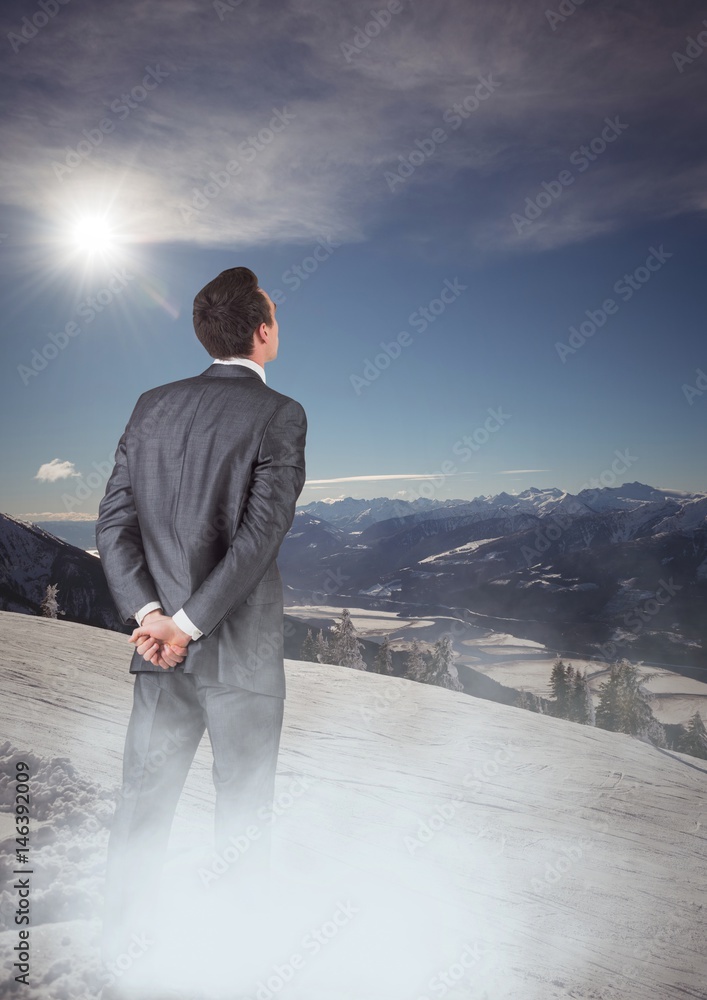 Business man with mist standing looking at mountains