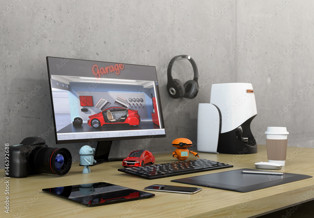 Product designer desktop with 3D scanner, digital graphic tablet, DSLR camera and bezel-less monitor