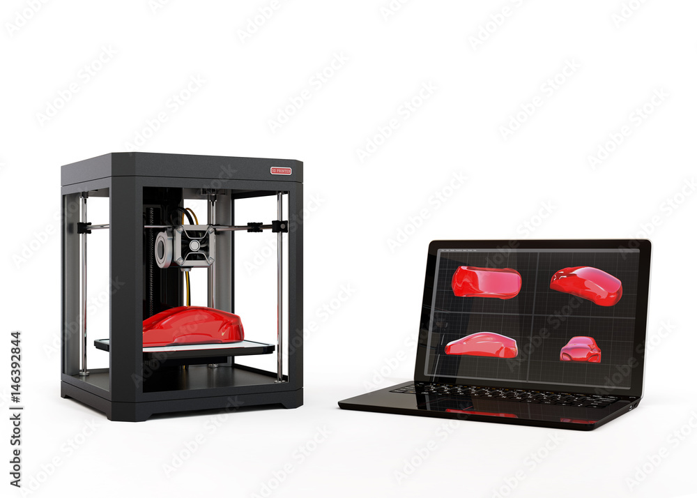 3D printer and laptop computer isolated on white background. 3D rendering image.