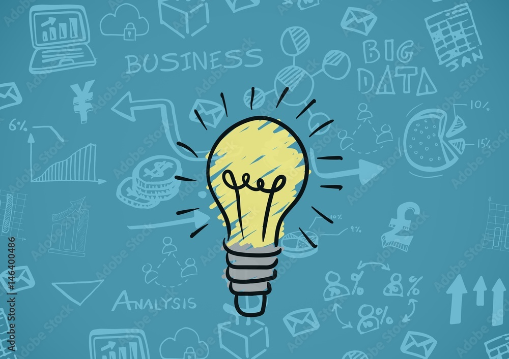 Colourful lightbulb with Business graphics drawings