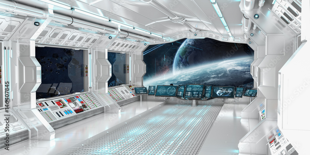 Spaceship interior with view on distant planets system 3D rendering elements of this image furnished