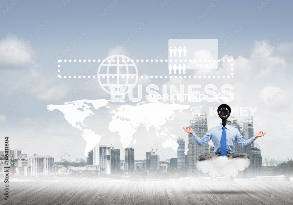 Camera headed man sitting in lotus pose on cloud against modern cityscape