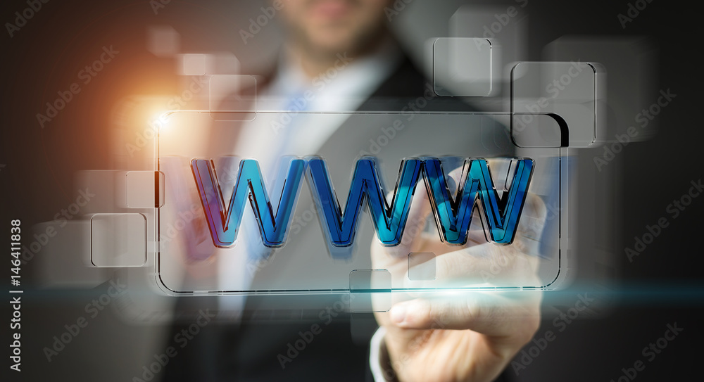 Businessman surfing on internet using tactile web address bar 3D rendering