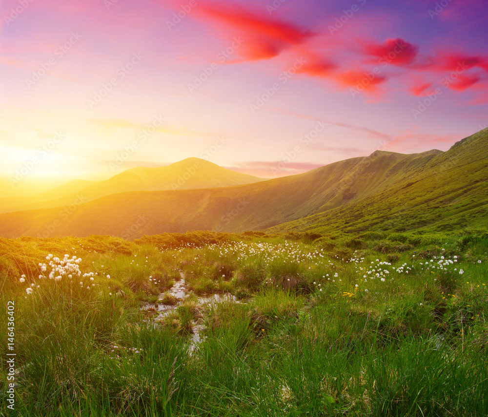 Mountain landscape on sun