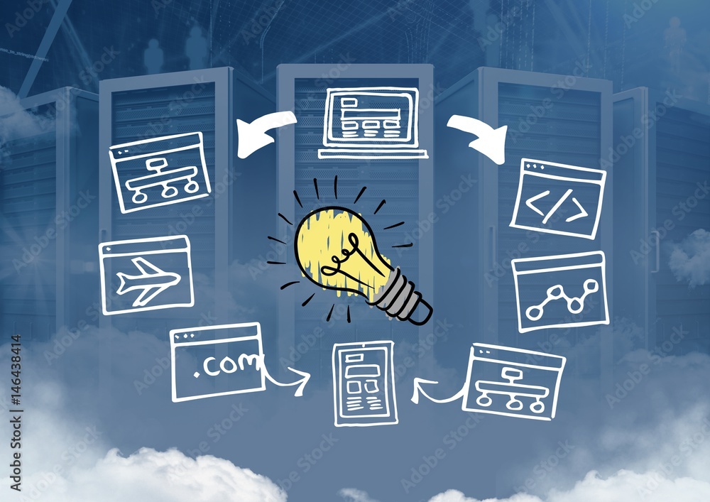 Colourful lightbulb with screen computer drawings graphics