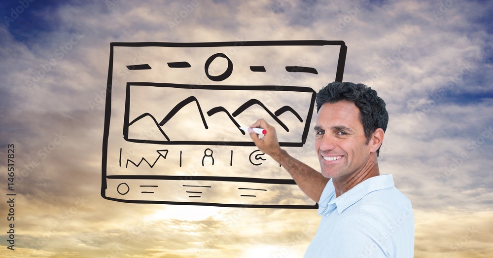 Smiling businessman drawing graphic against sky