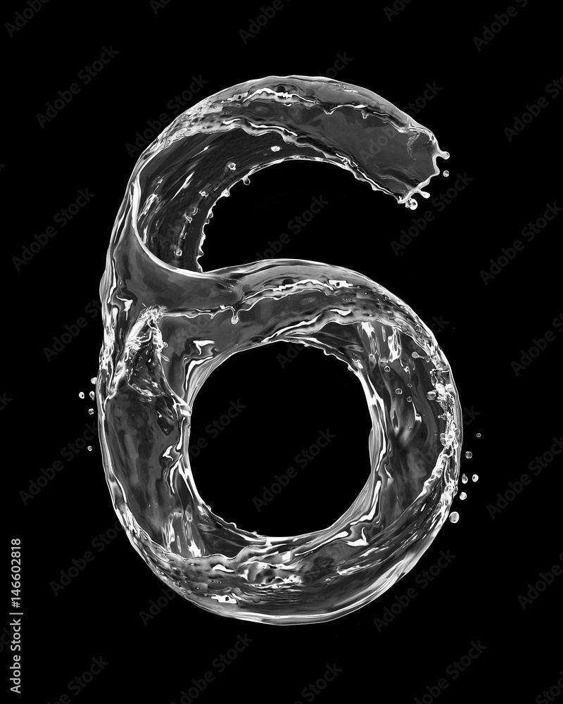 Number 6 made with a splashes of water isolated on black background