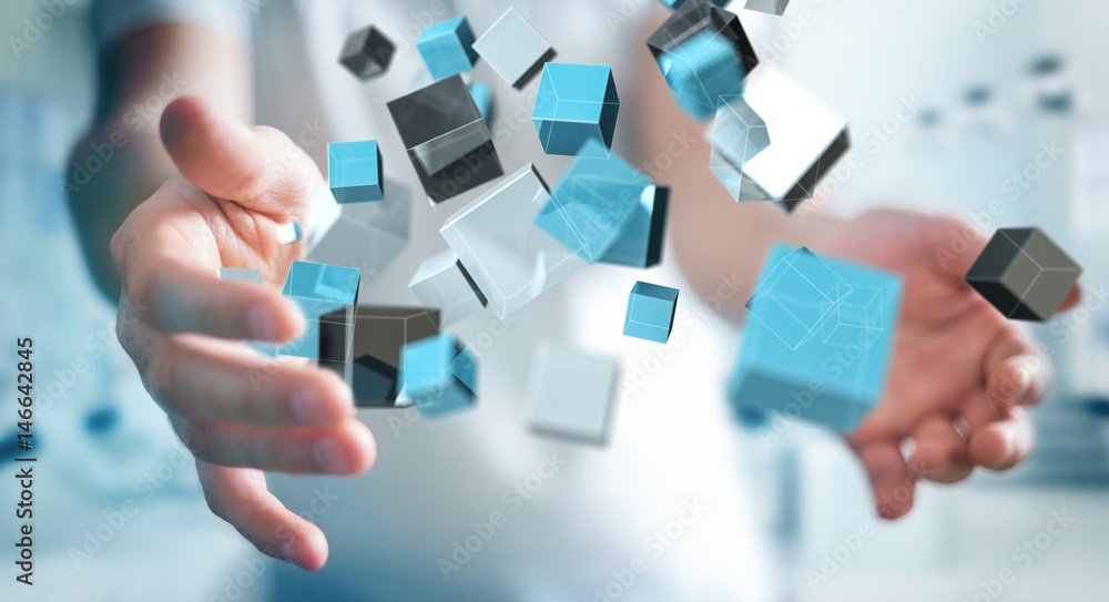 Businessman holding floating blue shiny cube network 3D rendering