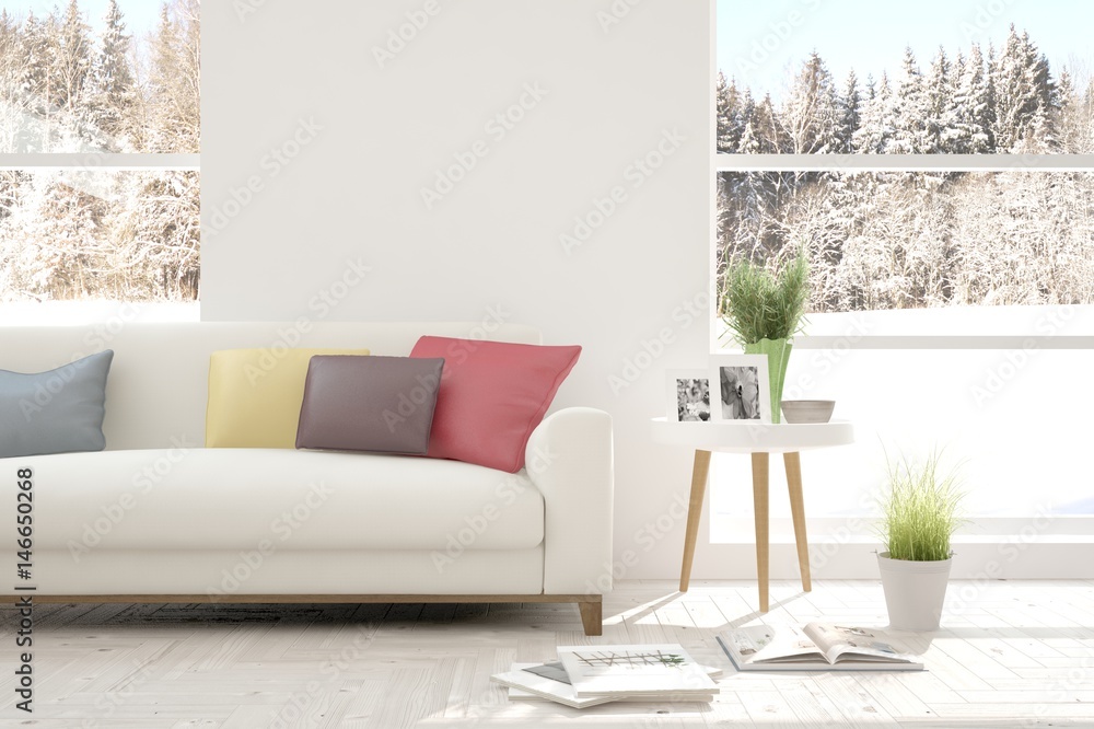 White room with sofa and winter landscape in window. Scandinavian interior design. 3D illustration