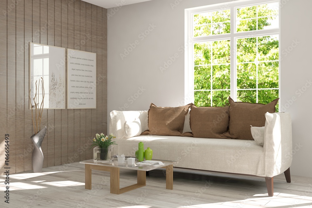 White room with sofa and green landscape in window. Scandinavian interior design. 3D illustration