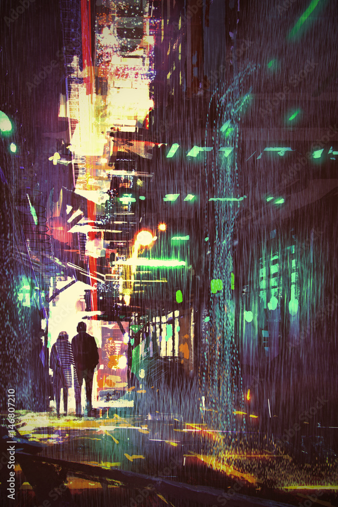 sci-fi concept of couple walking in alley at rainy night with digital art style, illustration painti