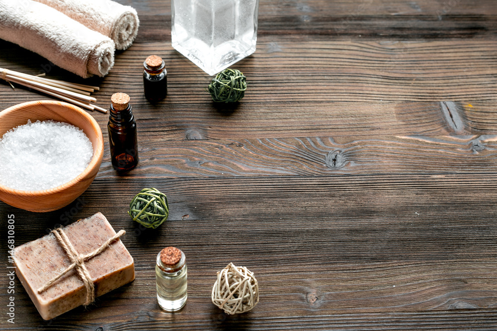 Aromatherapy SPA set with salt and natural oil wooden background mock up