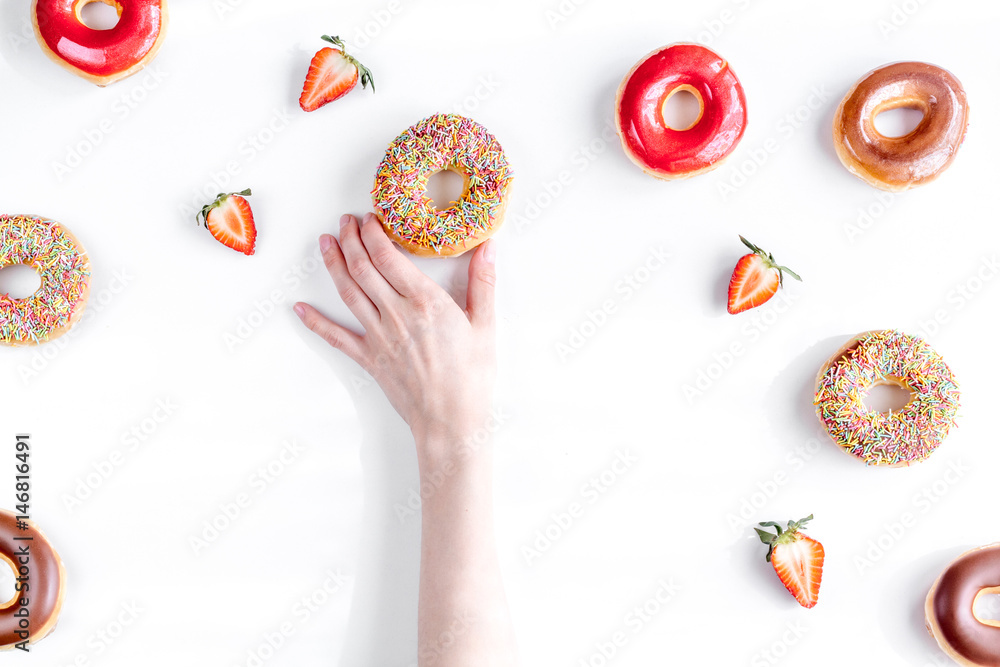 Close up with donuts in sweet shop top view space for text