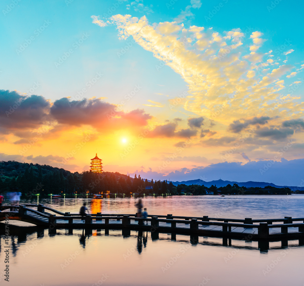 Beautiful hangzhou west lake scenery at sunset