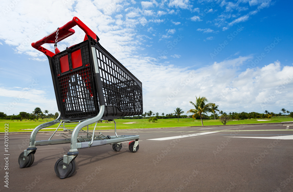 Empty shopping cart standing at the parking lot