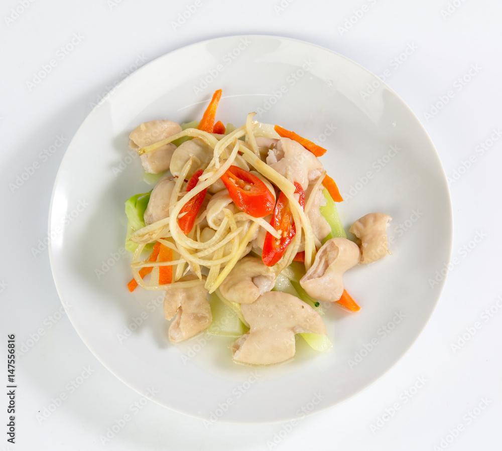 Boiled Pig intestine on white dish in asia