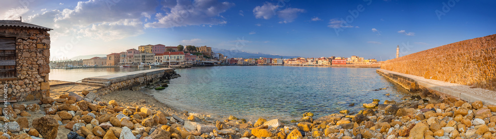 Panorama of the old Venetian harbour in Chania, Crete