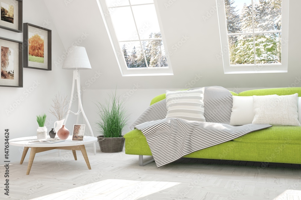 White room with sofa and winter landscape in window. Scandinavian interior design. 3D illustration