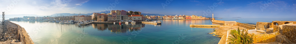 Panorama of the old Venetian harbour in Chania, Crete