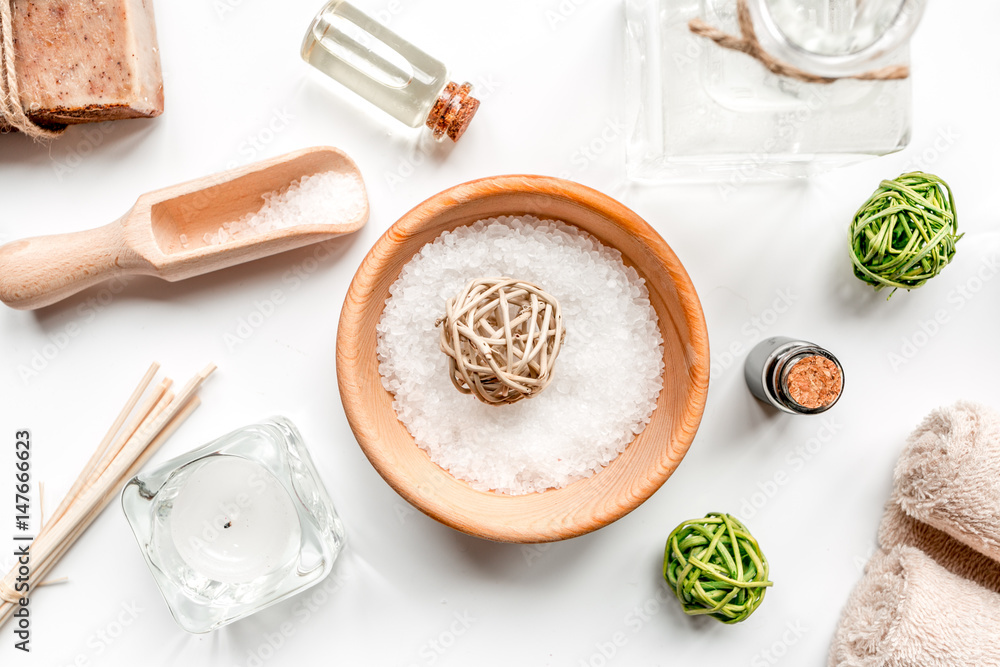 spa set with towels and soap on white background top view