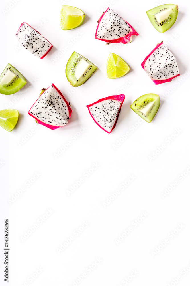 exotic fruits pattern with kiwi, pitaya isolated white background top view mockup