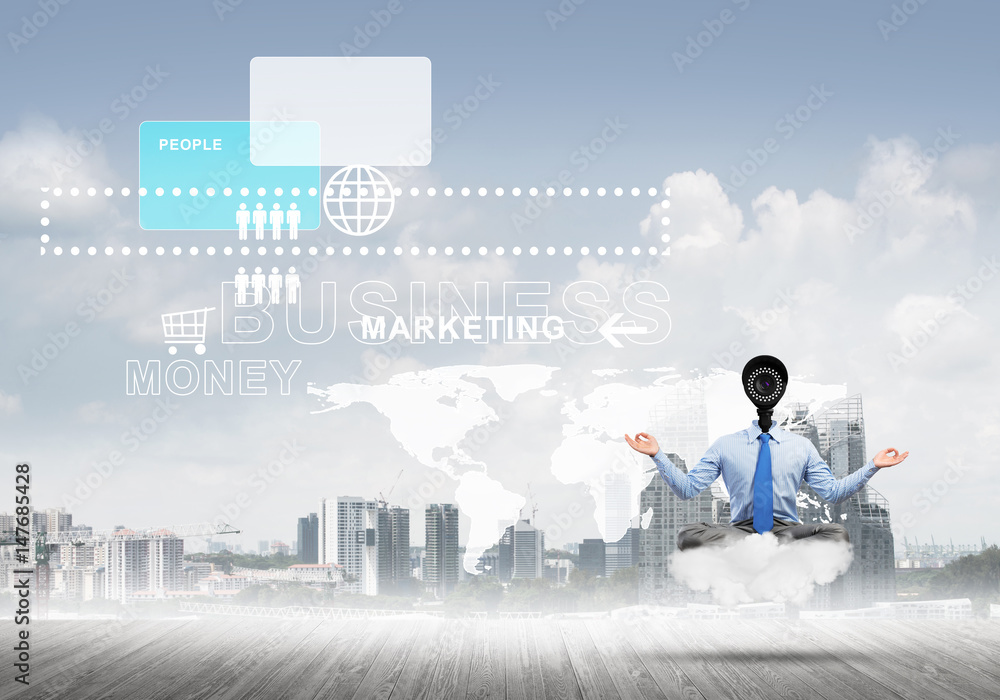 Camera headed man sitting in lotus pose on cloud against modern cityscape