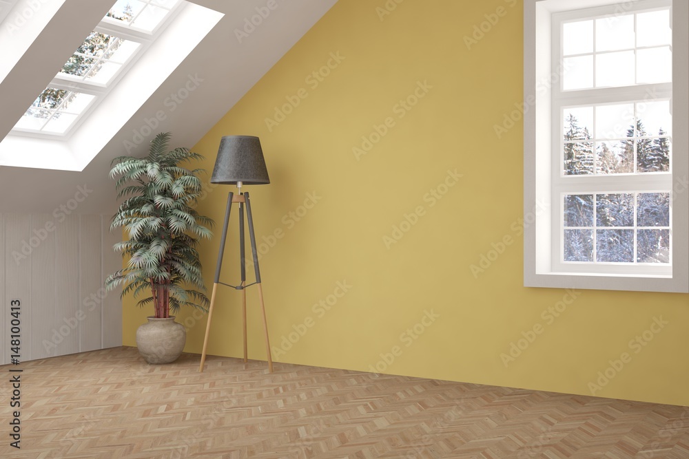 White empty room with winter landscape in window. Scandinavian interior design. 3D illustration