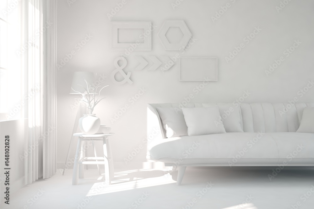 White room with sofa. Scandinavian interior design. 3D illustration