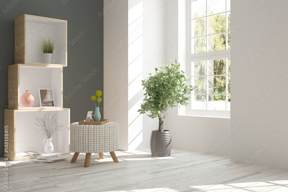 White room with shelf and green landscape in window. Scandinavian interior design. 3D illustration