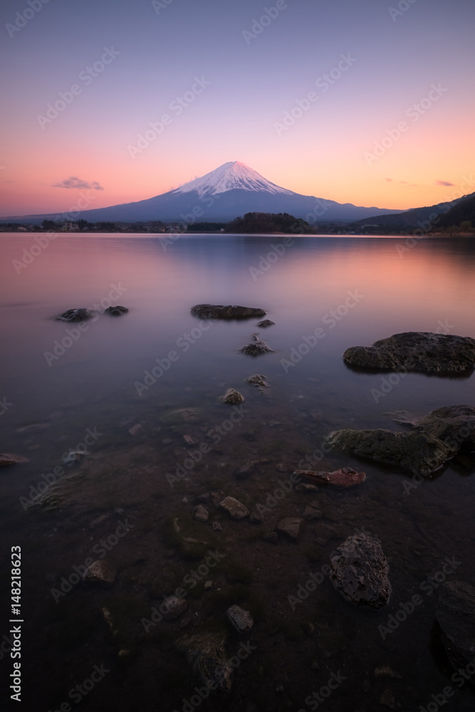 Fujji mountain view from Kawaguchiko lake (Oishi park) in sunset