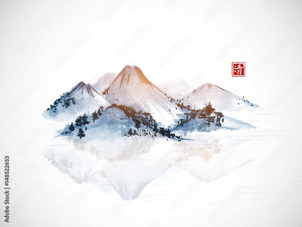 渔船和带山的岛屿。传统的东方水墨画sumi-e，u-sin，go-hua。Hie