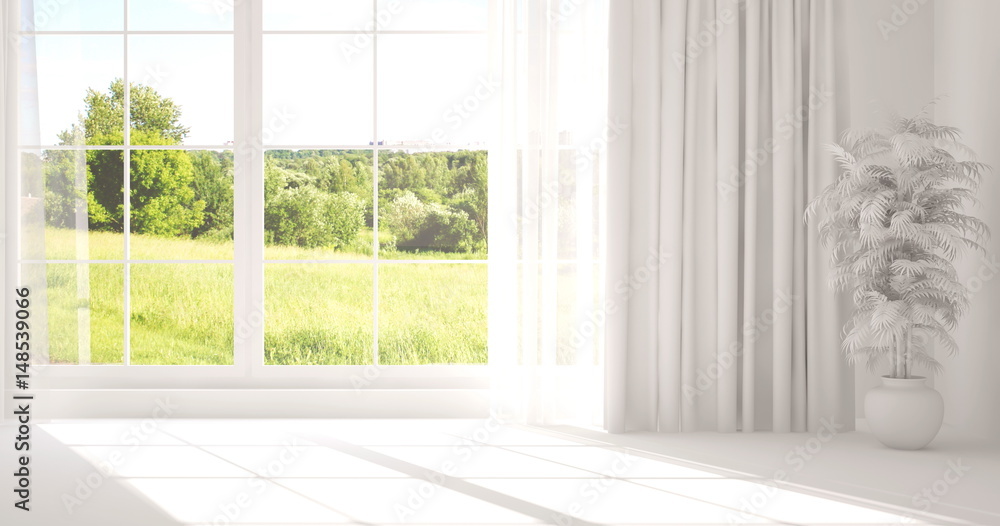 White empty room with green landscape in window. Scandinavian interior design. 3D illustration