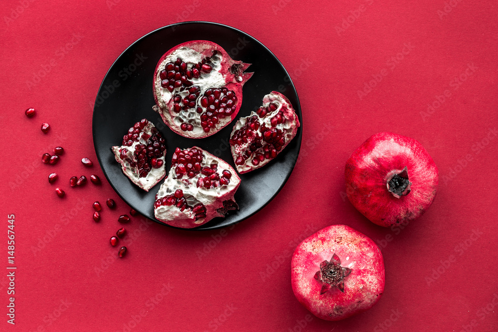 romantic dinner in red color with pomegranate top view